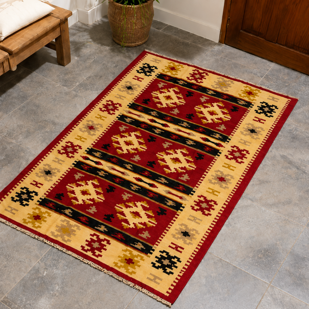 Turkish Wool Kilim Rug - Geometric Red & Beige 7ft x 5ft